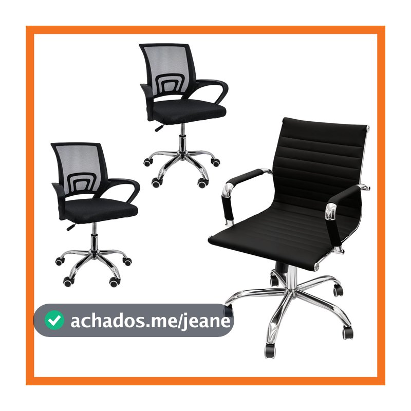 Kit com 2 Cadeiras de Escritório Mesh Preto + 1 Cadeira Presidente Esteirinha Baixa com Rodízios