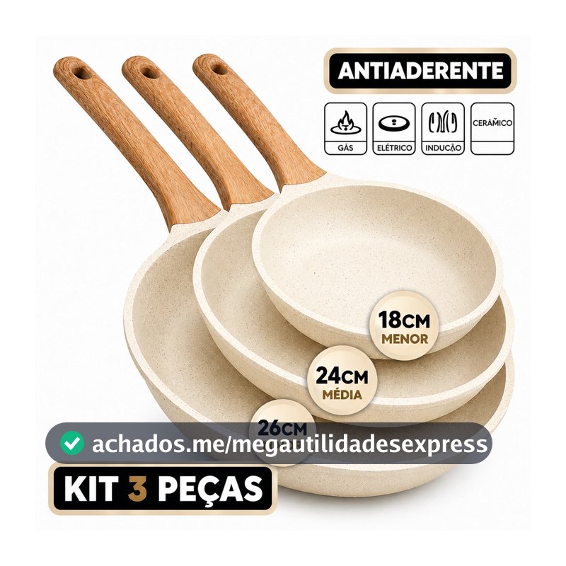 3 Frigideira 26cm e 24 cm e 18cm Creme Antiaderente Indução de Alumínio Revestimento Cerâmico Premium Cabo Madeira