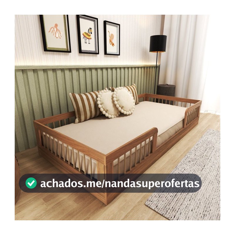 Cama Infantil Montessoriana Solteiro com Grades em Pinus Lume Marrom/Carvalho Mel Carvalho Mel