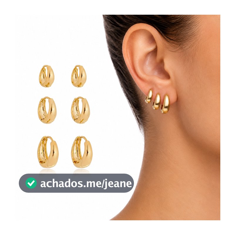 Trio Brinco Argola Click Banhado a Ouro 18k Redonda Abaulada