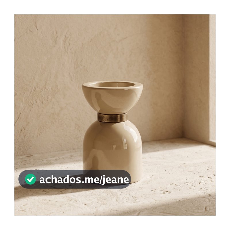 Castiçal Decorativo Cerâmica Bege e Aro Dourado 18cm Design Orgânico Escultural Luxo