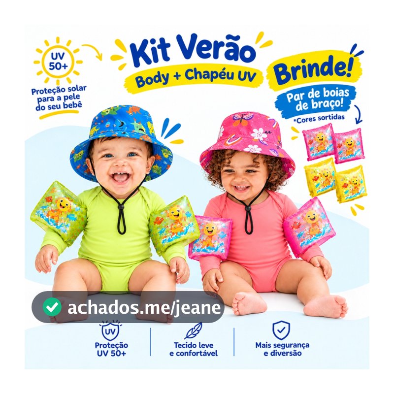 Body + Chapéu Bebê Uv50+ Proteção Solar + Brinde Boias de Braço