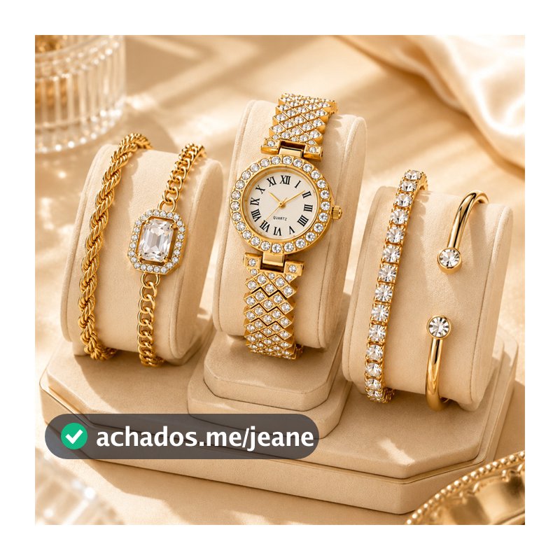 Kit Relógio Feminino com 4 Pulseiras Douradas 5 Peças Luxo