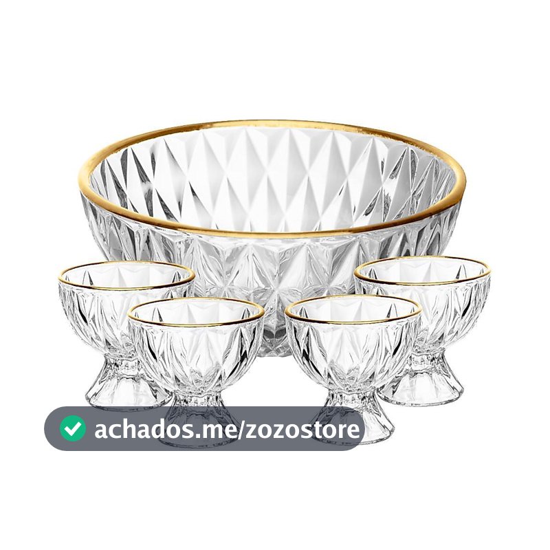 Conjunto 1 Bowl 1L e 4 Taças 120ml Diamond Lyor Cristal com Fio de Ouro para Sobremesas Doces Frutas Mousse Pavê 5 Peças