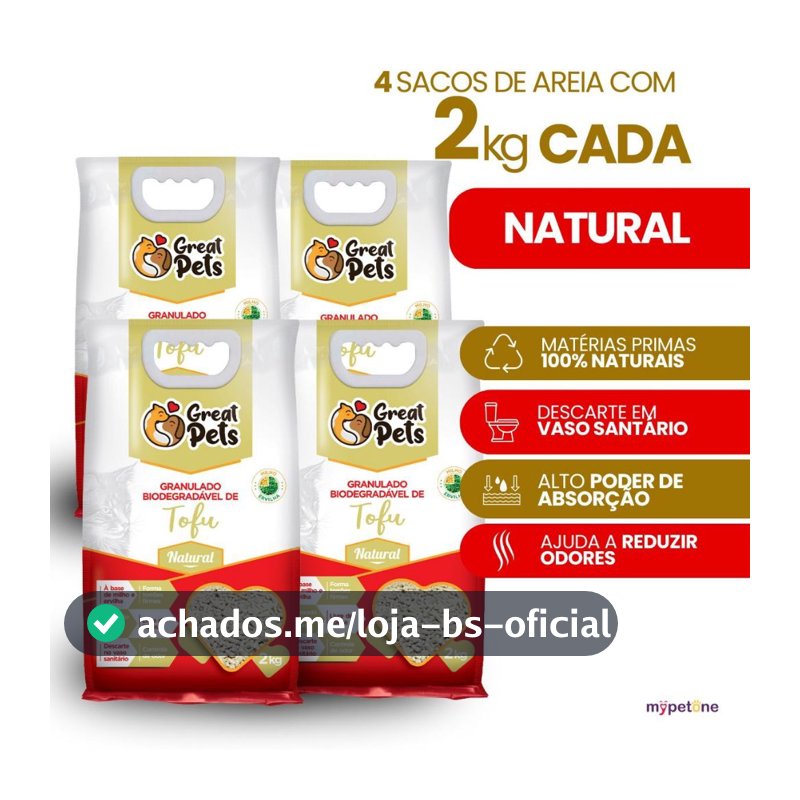 Areia Gatos Tofu 2kg Granulado Biodegradável Higiênico Natural Great Pets