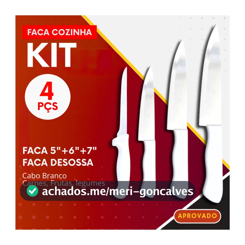 Kit 4 Facas de Aço Inox para Cozinha Churrasco Açougue Uso Profissional Chef e Donas de Casa