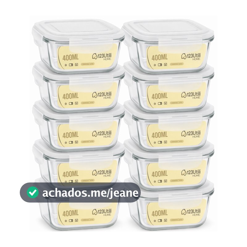 Kit Potes Herméticos Vidro 800ml, 600ml, 400ml e 310ml Marmita Refratária Tampa com Trava