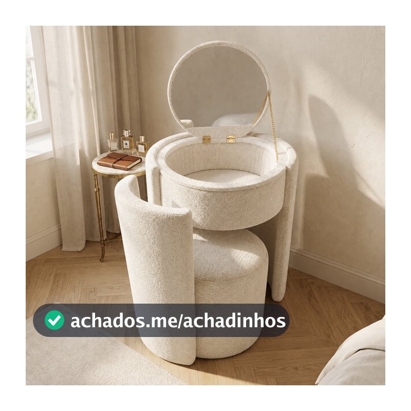 Puff Poltrona Penteadeira Luxo com Espelho e Organizador de Maquiagem – Banco Decorativo Moderno para Quarto e Closet