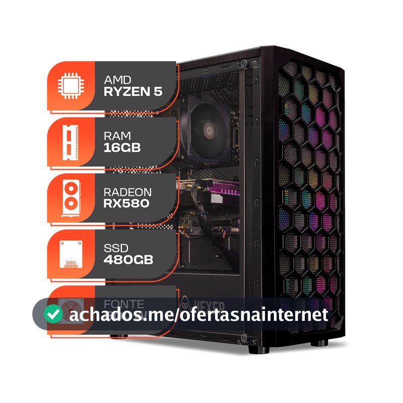 PC Gamer Forge, AMD Ryzen 5 5500, Radeon RX 580 8GB, 16GB DDR4, SSD 480GB, Fonte 500W 80 Plus