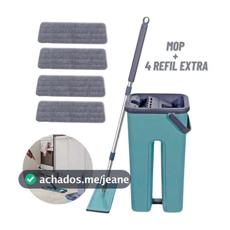 Mop Flat Esfregão Com Balde Rodo Mágico Lava Seca Tira Pó + 4 Refil