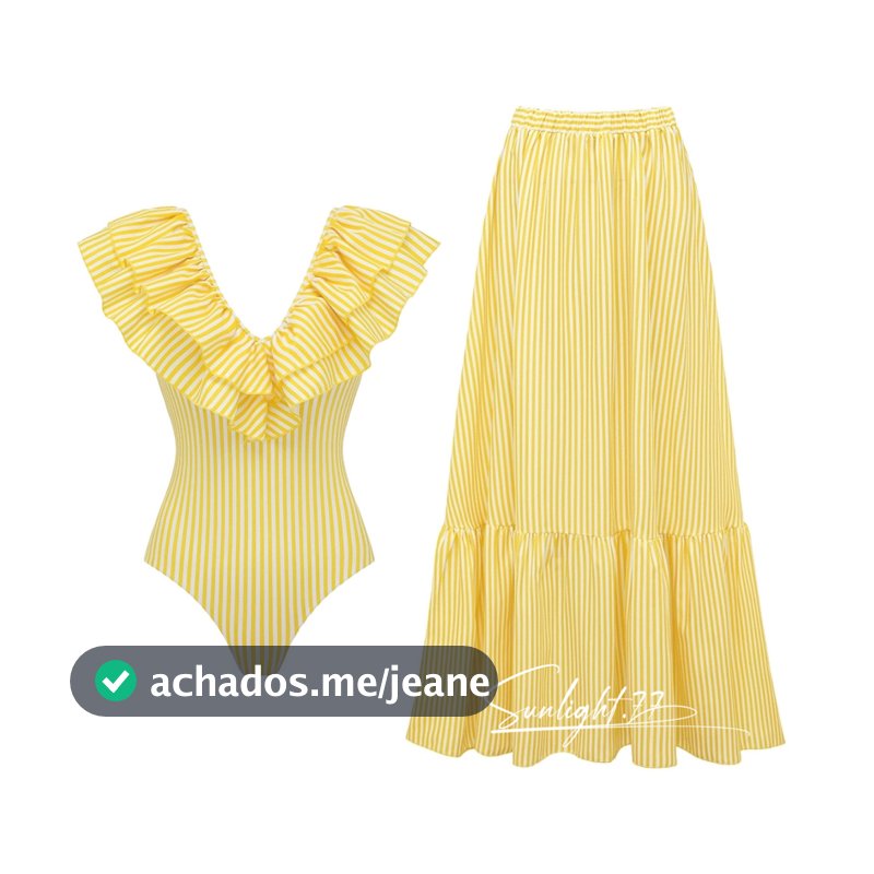Conjunto de maiô feminino estilo francês, listrado em amarelo e branco, com decote em V profundo e saia de praia.