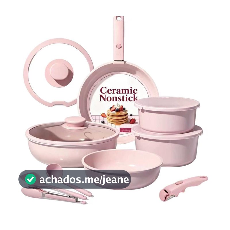 Jogo de Panelas 18 Peças Rosa com Revestimento Cerâmico Antiaderente, Cabos Removíveis e Tampas