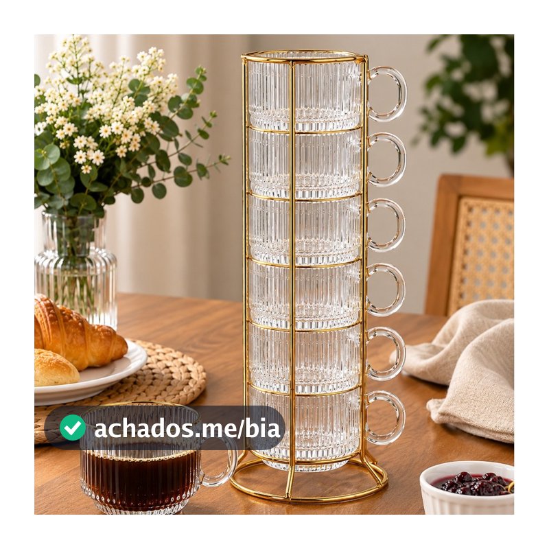 Jogo 6 Xícaras de Café 90ml de Cristal Graffiato com Borda Dourada e Suporte