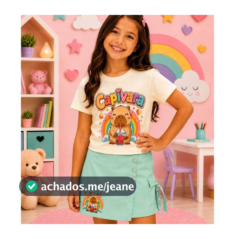Conjunto Capivara infantil menina, Blusinha 100% Algodão e Short Saia em Alfaiataria. Look tendência blogueirinha