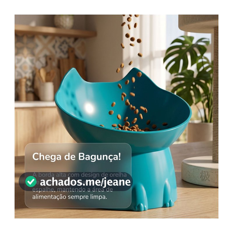 Tigela Inclinada p/ Gatos|Formato Orelha|5 Cores:Azul,Rosa,Preto,Cinza,Verde|Antiderrapante