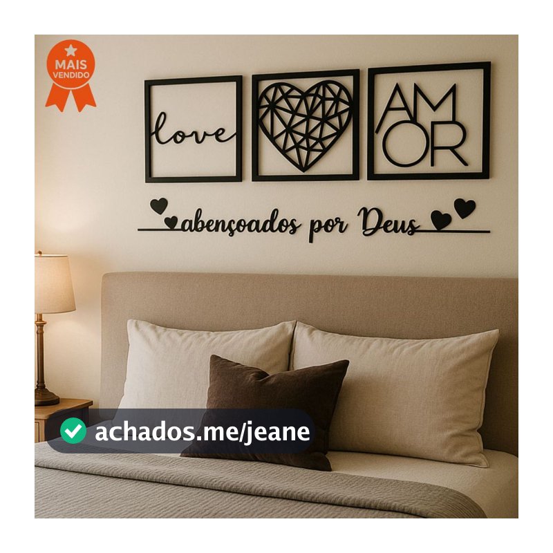 Kit 3 Quadros Cabeceira Amor Coração Geométrico + Frase Parede Abençoados Por Deus + 2 mini coração