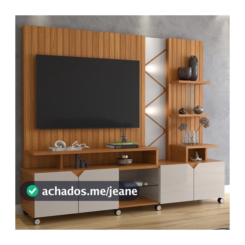 OFERTA BLACK FRIDAY Home para TV até 55" 2,10m LED Frisado MDF 25mm Jequitibá Off White Lukaliam