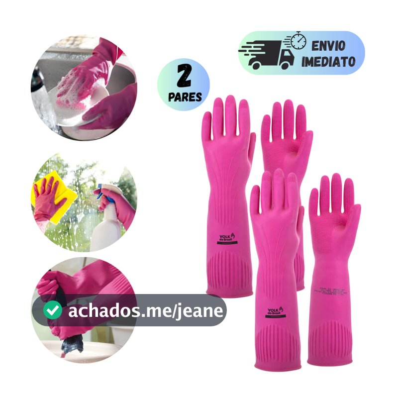 Kit 2 Luva Látex Ranhurada Rosa Cano Longo Impermeável Antiderrapante Limpeza Cozinha Multiuso