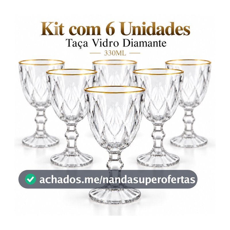Kit 6 Taça de Vidro Diamante 330ml Facetada Vinho Elegante