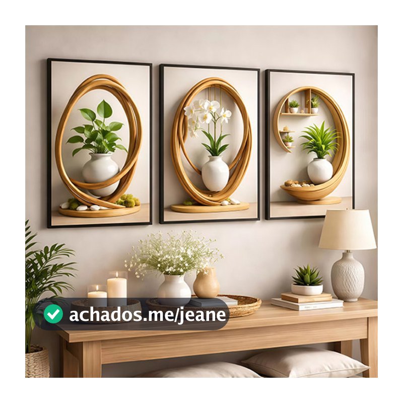 Kit 3 Quadros Decorativos Plantas Verdes Nórdico Rattan Oval Vaso Simples Sala Estar Jantar Escritorio Parede Decoracao