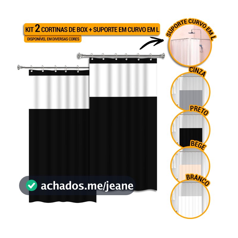 Kit 2 Cortinas de Box Banheiro + Suporte Varão Bastão em L Curvo + Kit Instalação Diversos Tamanhos