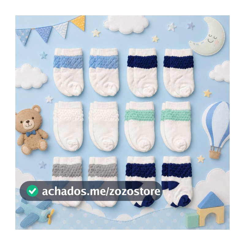 Kit 12 Pares Meias Para Bebê Recém Nascido Baby Menino Masculino RN Infantil (0-12Meses)