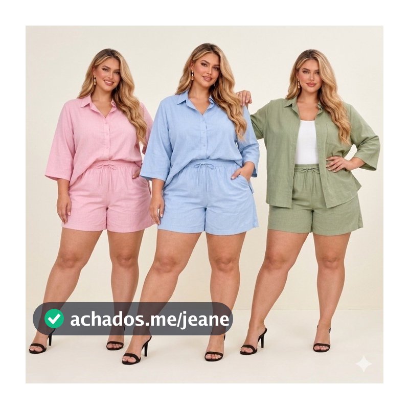 Conjunto Feminino Plus Size Viscolinho Camisa 3/4 e Short com Forro e Bolsos Elegante verão