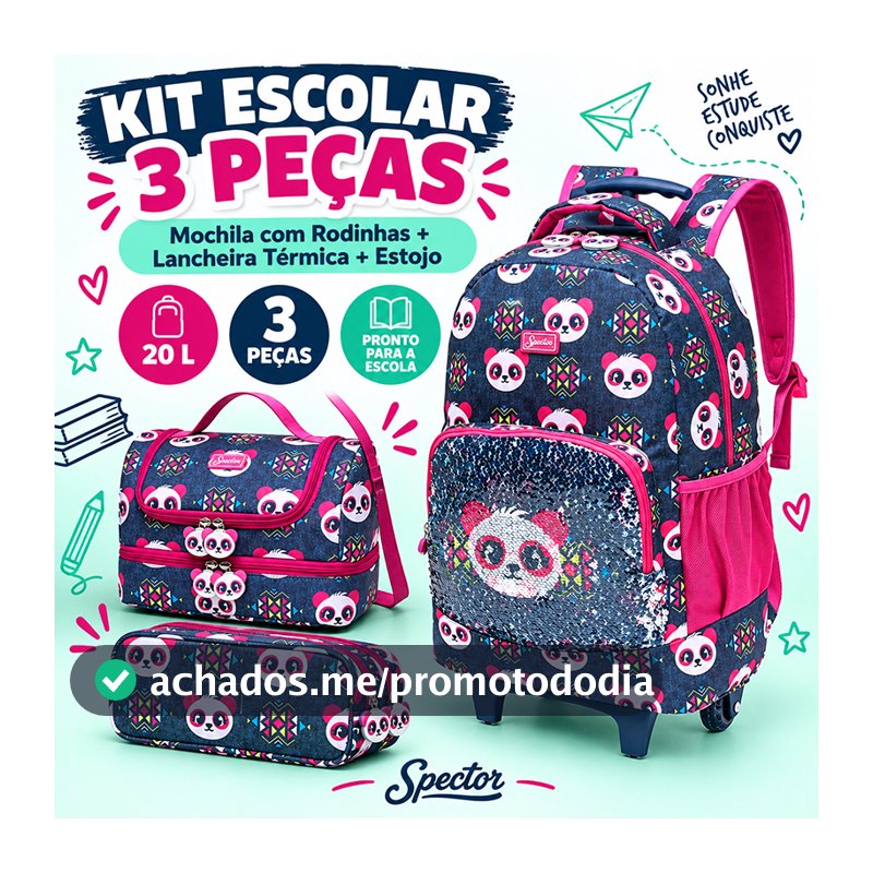 Spector Kit Mochila Lancheira Estojo Feminina Panda Rodinhas Escolar Passeio Viagem