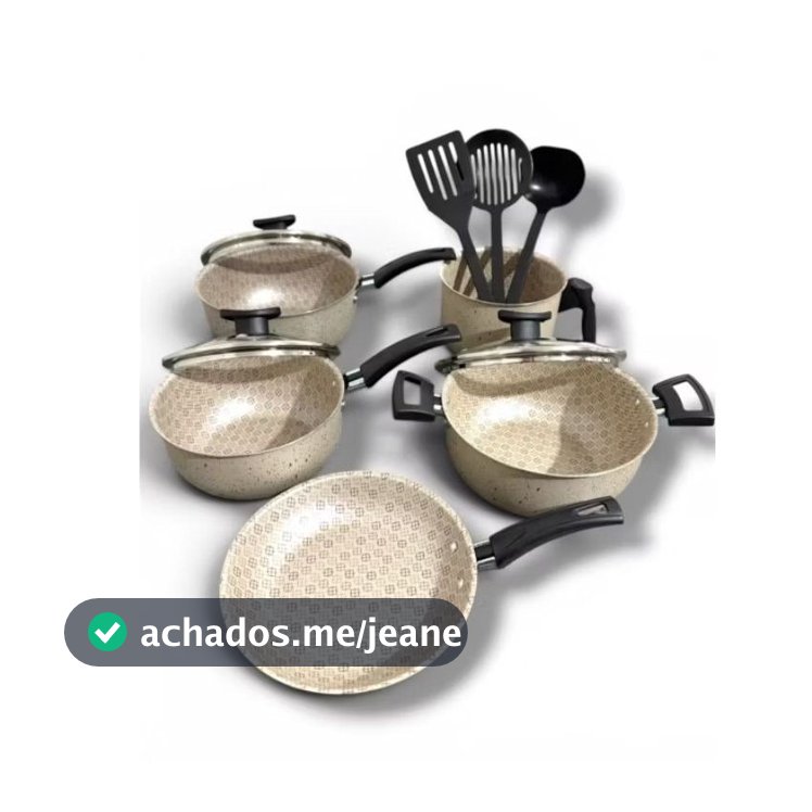 Jogo de Panelas 8 Peças Marfim decorado Antiaderente Teflon Premium 6 Camadas com Tampa de Vidro