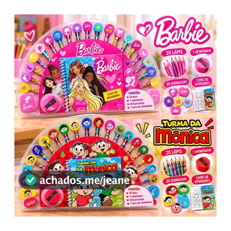 Kit Turma da Mônica Barbie 22 Lápis de Cor com Borracha + Livro de Colorir presente crianças material escolar
