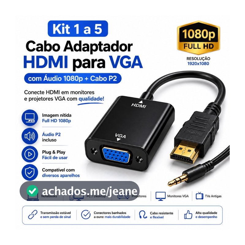 Kit 1 a 5 Cabo Adaptador HDMI para VGA com Áudio 1080p Cabo P2 Incluso Conversor para Monitor PC