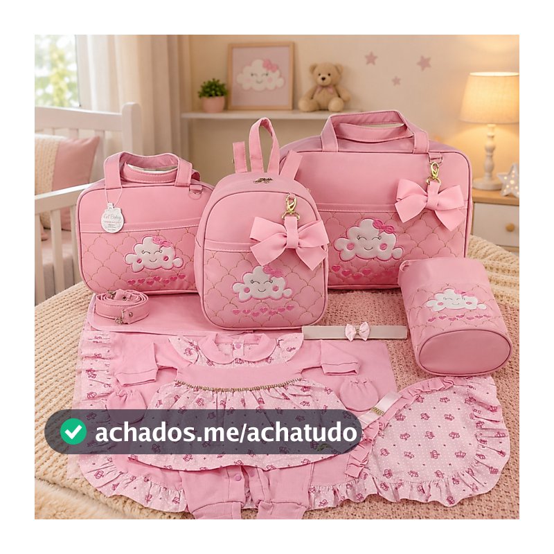 Kit Bolsa Maternidade Menina 5 Peças Nuvem + Saída Maternidade Rosa - Opções Laços de Luxo