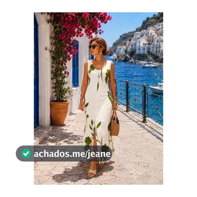Vestido Feminino Longo Estampa Folha Alça Larga Com Bolsos Laterais e Fenda Frontal
