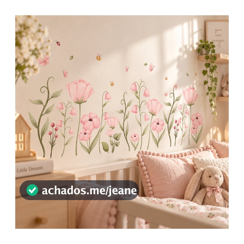Adesivo Jardim Suspenso Encantado Flores Rosa Sem Fundo Floral com Borboleta - Fácil Aplicação Quarto de Menina