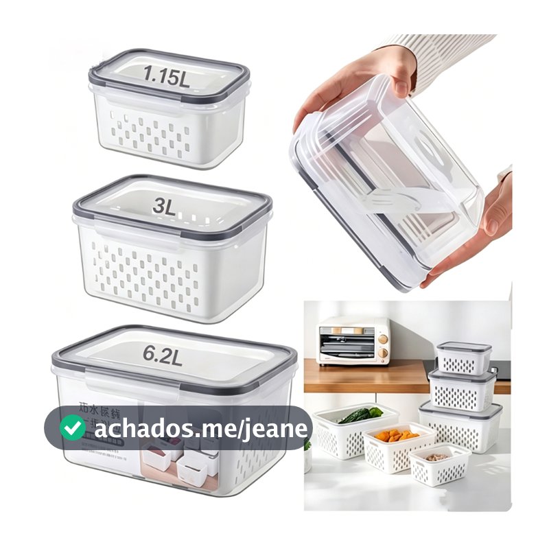 haosin Kit 3 Potes Herméticos Organizadores de Geladeira – 6.2L + 3L + 1.15L p/ Alimentos e Vegetais