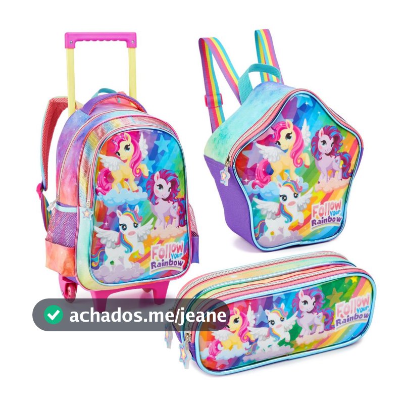 Kit Escola Menina Unicórnio Mochila Estojo Lancheira Passeio