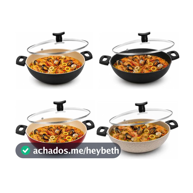 Frigideira Wok com Tampa 30cm Grande Alta Antiaderente Teflon de Vidro Caçarola paella paelleira