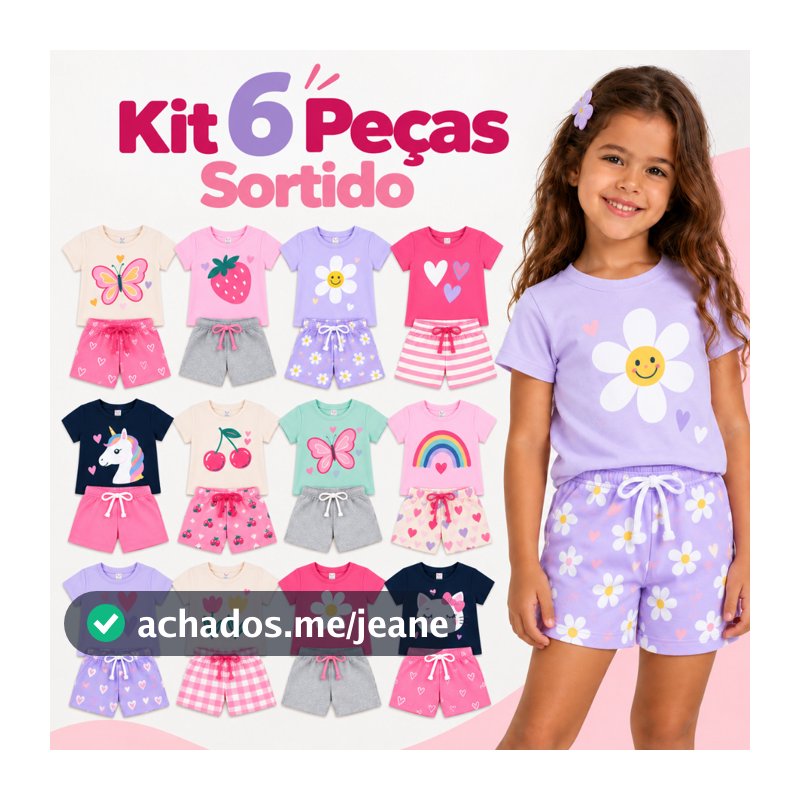 Kit 6 Peças Conjunto Infantil Feminino Verão Menina 1 a 8 Anos Camiseta e Short Algodão