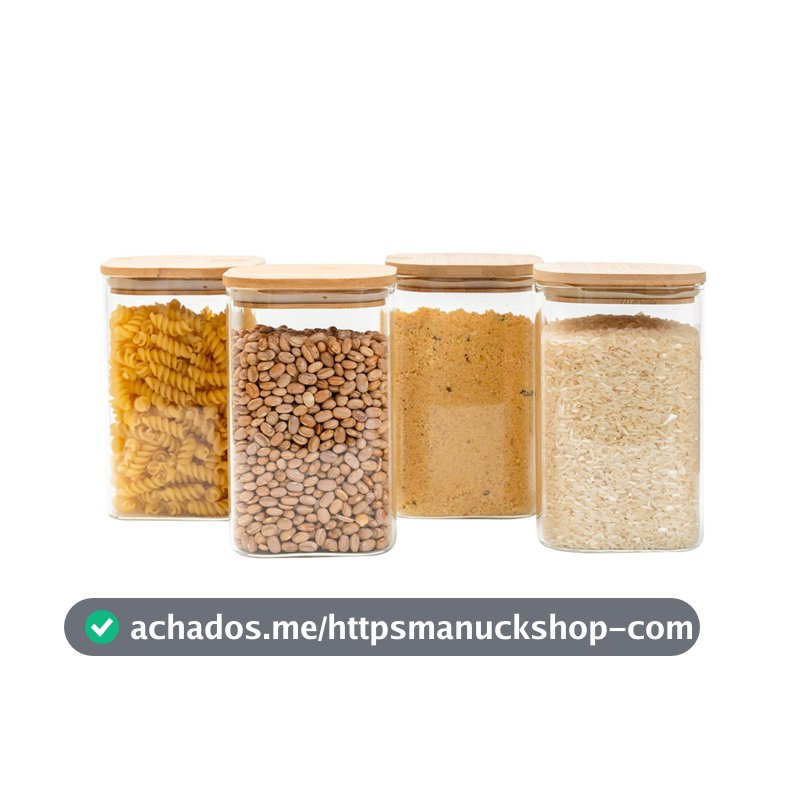 Kit 4 potes de vidro 1,1L tampa de bambu herméticos quadrado - Tüd
