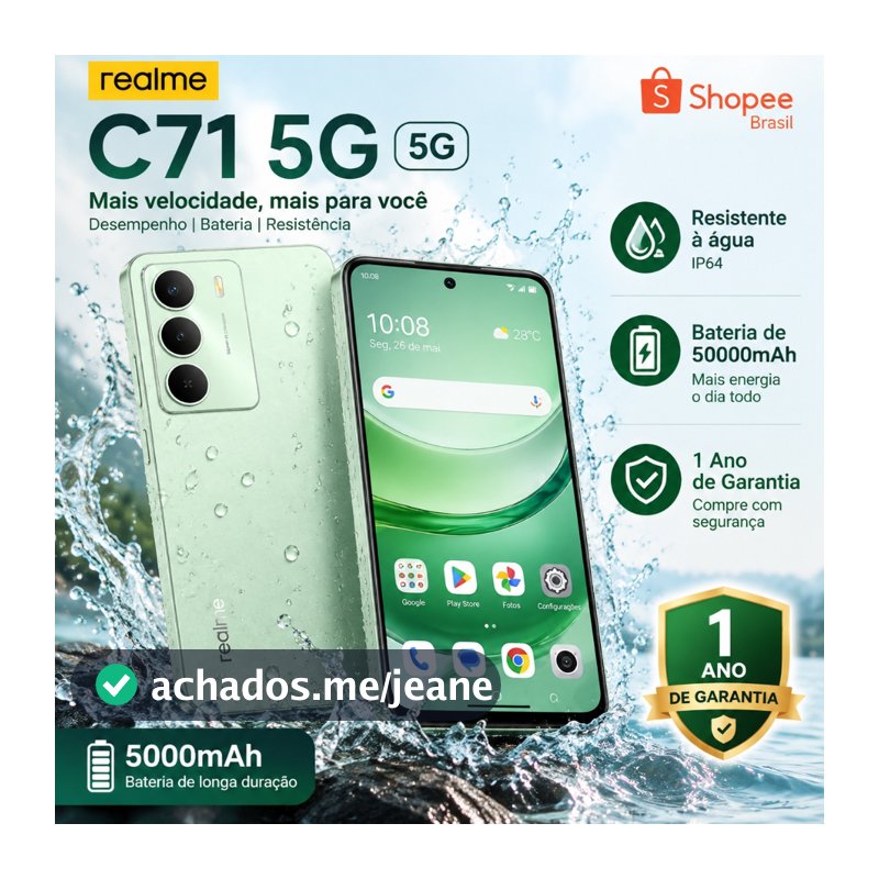 realme C71 5G 8+256GB Smartphone Celular Versão Global Bateria 5000mAh Câmera 50MP NFCTela 6,67 120Hz Preto