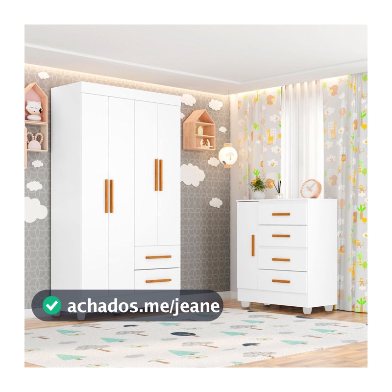 Quarto Bebê Infantil com Guarda-Roupa 4 Portas e 2 Gavetas com Cômoda 4 Gavetas e 1 Porta Branco