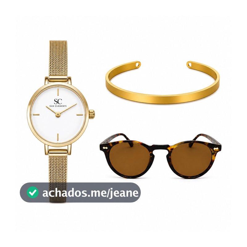 Kit Presente Feminino Premium Positano Gold Relógio + Óculos + Bracelete com 2 Cases e Sacola Premium