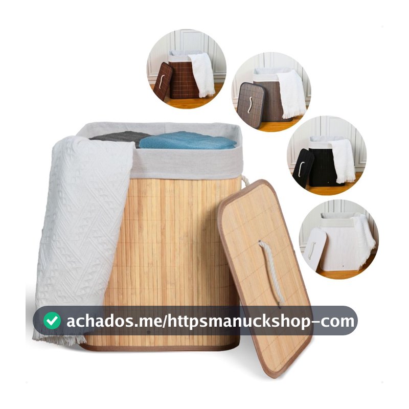 Cesto de Roupa Suja Bambu Com Tampa e Alças 50 Litros Grande Organizador Multiuso