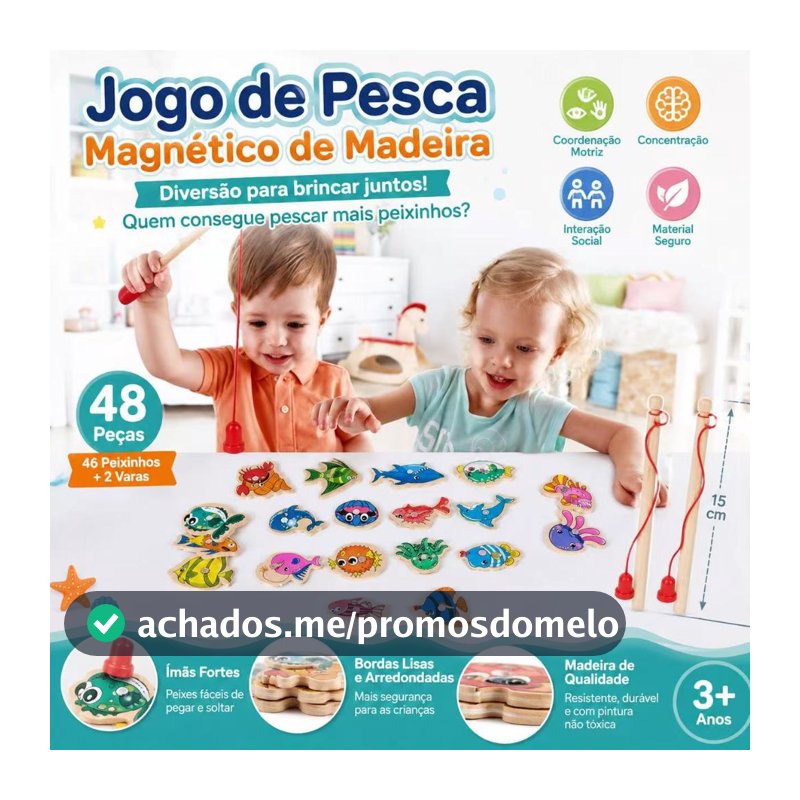 Jogo de Pesca Magnético Infantil de Madeira 33 Peças com 2 Varinhas Brinquedo Educativo