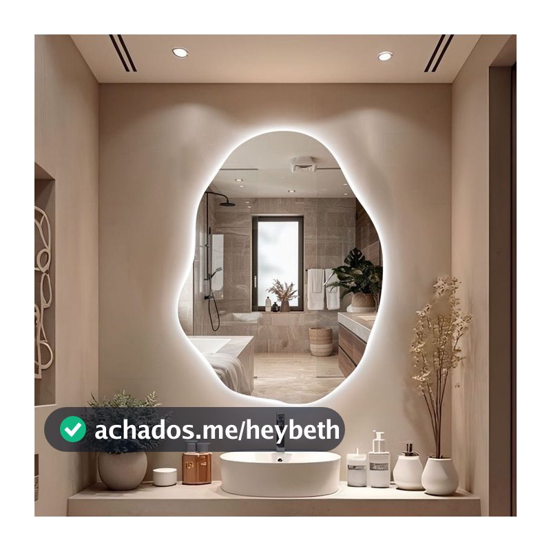 Espelho Grande Parede Formato Orgânico Com Led Banheiro Sala Quarto Luz Quente