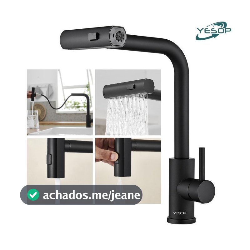 YESOP Torneira Cascata Cozinha Gourmet Monocomando Extensível Inox 304 Preto Fosco 3 Modos Com Ducha