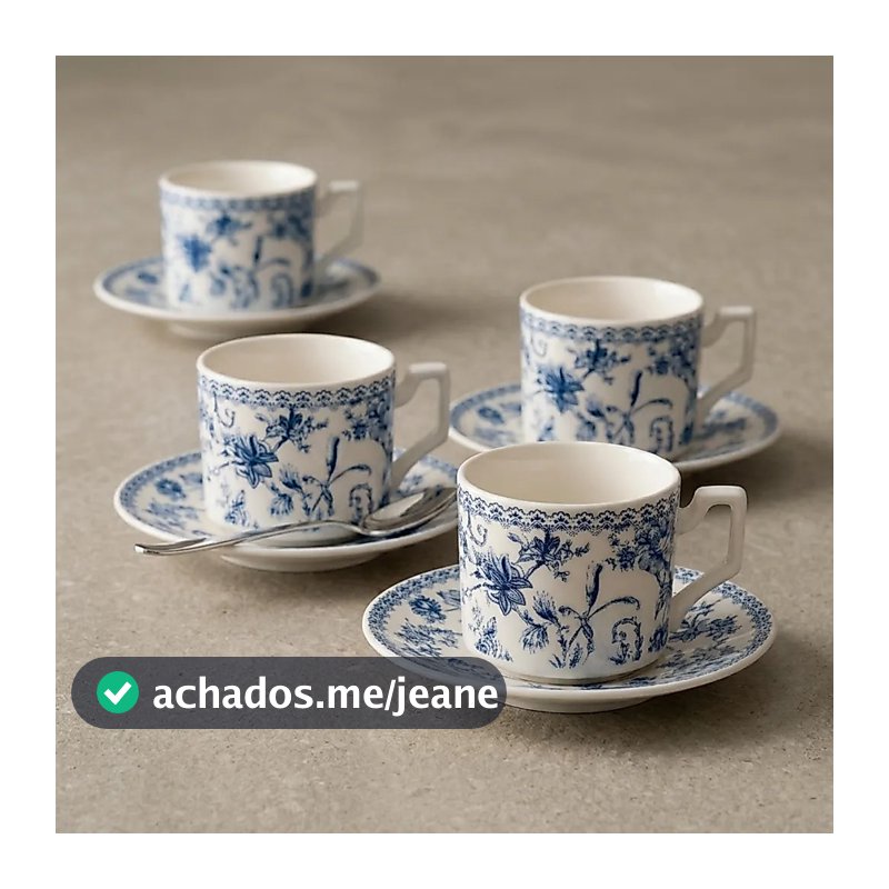 Jogo 4 Xícaras de Chá com Pires Porcelana New Bone Azul Hortênsia 90ml Luxo Mesa Posta Elegante