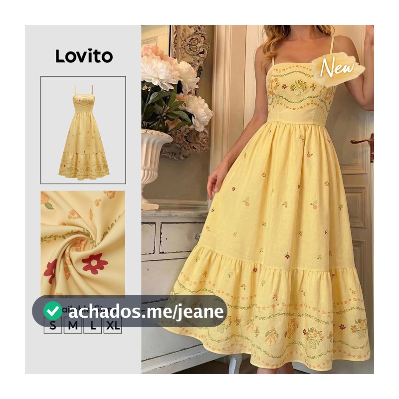 Lovito Vestido Feminino Amarelo Floral Babado na Barra Zíper e Barra Longa Flare Casual Fim de Semana e Traje de Trabalho Primavera Verão DRB39BR007