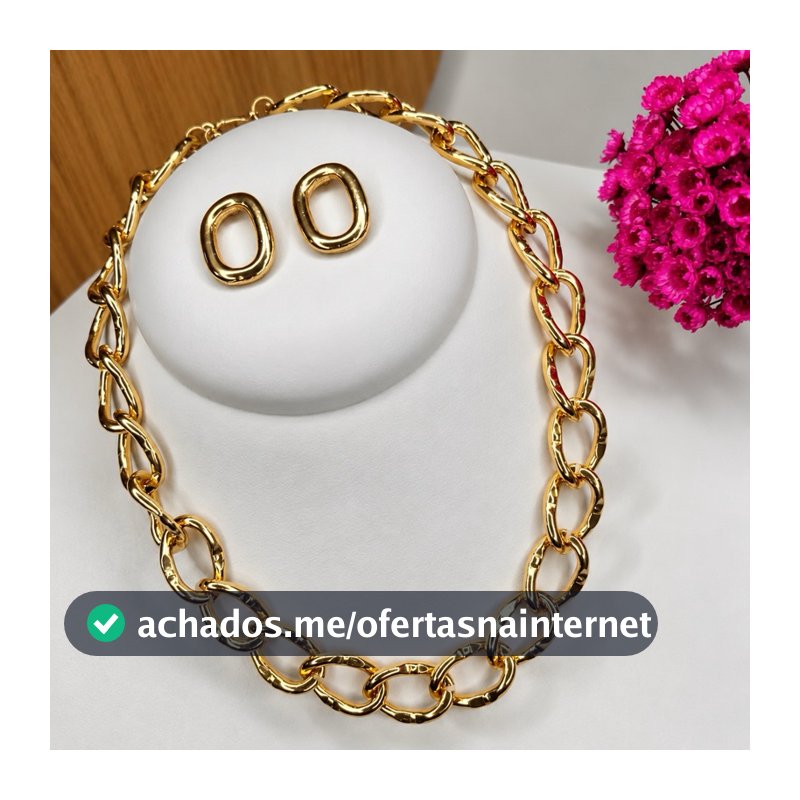 Colar Elos Corrente Gargantilha Feminina e Brinco Folheado a Ouro Bijuteria Elegante Sofisticado