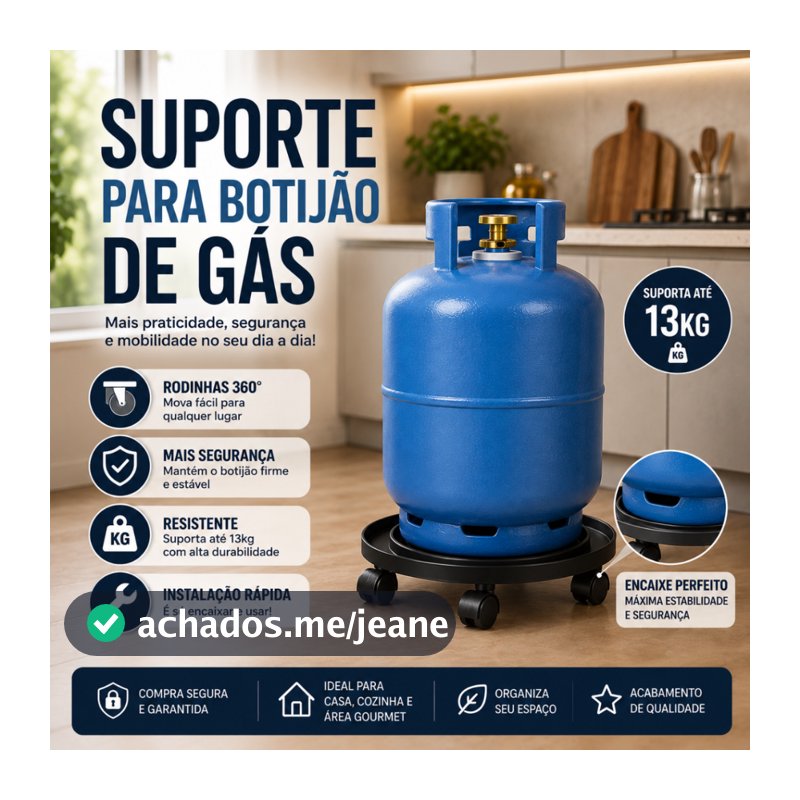 Suporte Botijão de Gás com Rodinha Móvel Plástico 13Kg Resistente Preto
